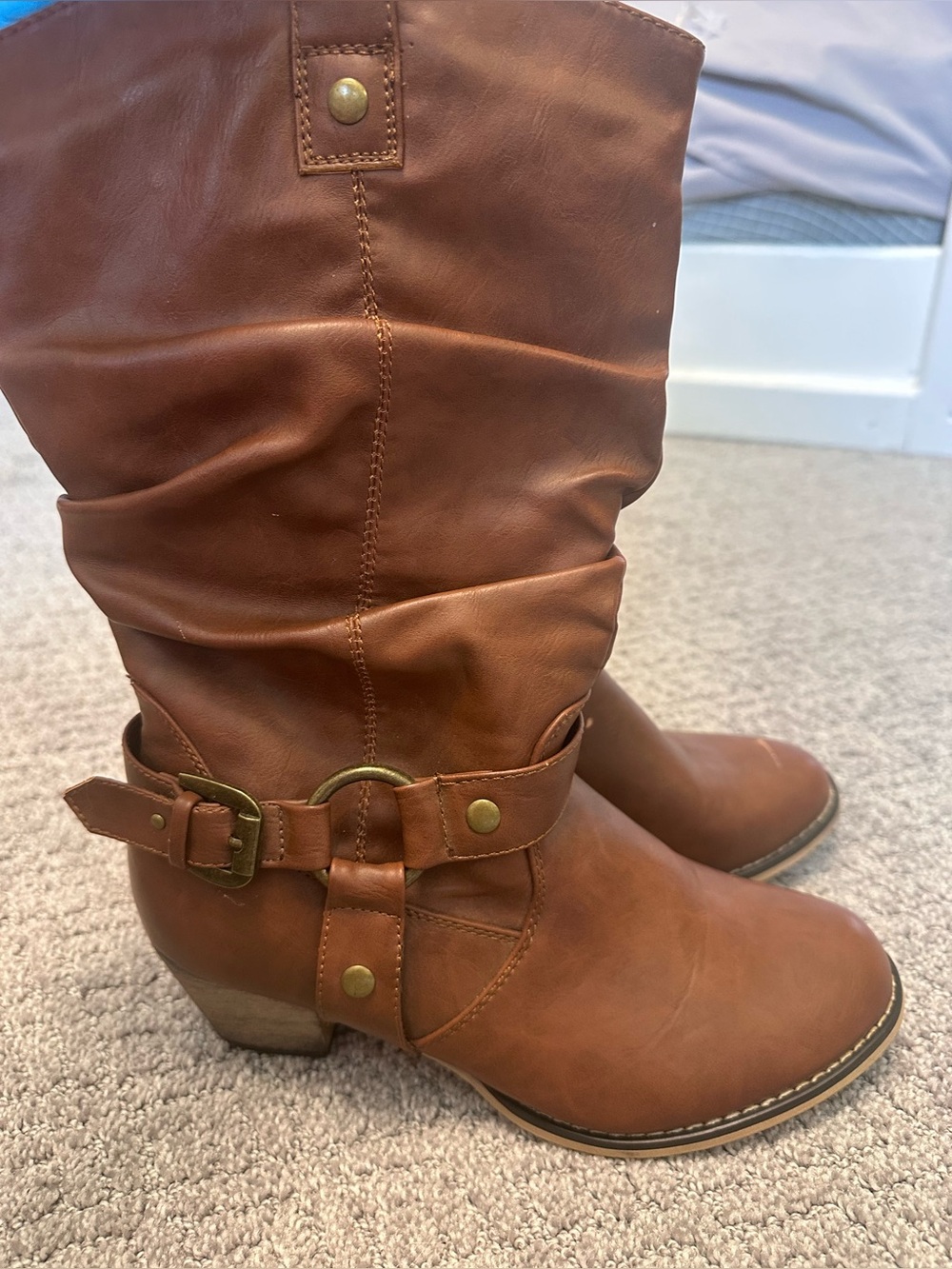 Women’s Brown Mid-Calf Pull-On Riding Boots Faux Leather Buckle Round Toe 7.5